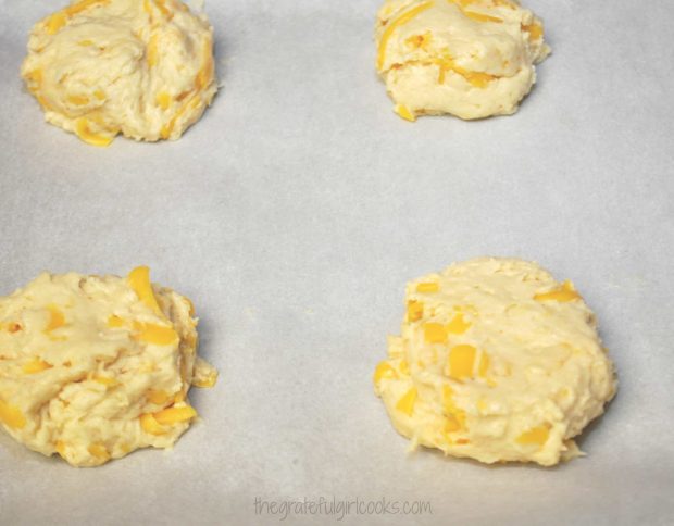 Dough for the Red Lobster Cheddar Biscuits is placed on baking sheet.