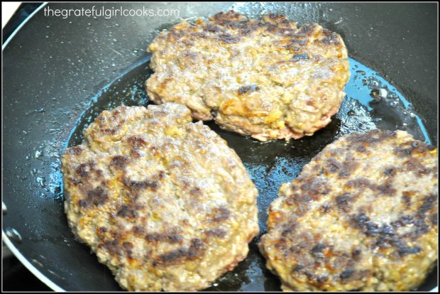 Salisbury steak patties are cooked in skillet, until browned on both sides.