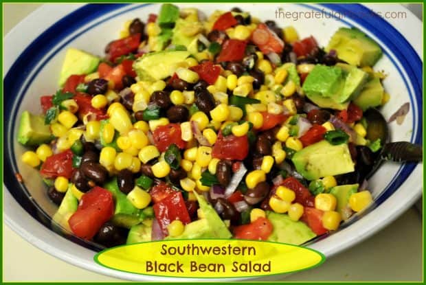 You'll LOVE this fantastic Southwestern Black Bean Salad, with corn, tomatoes, and avocado! It's easy, flavorful, and under 90 calories per serving!