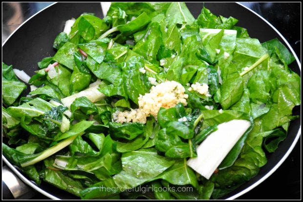 The chard is cooked in skillet until it wilts down to half the size.