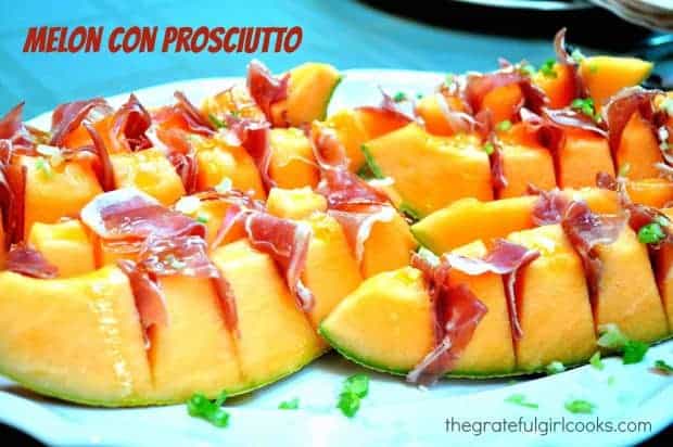 Melon con Prosciutto- a refreshing, easy appetizer or side dish, with fresh ripe cantaloupe and prosciutto slices- delicious on a warm Spring or Summer night!