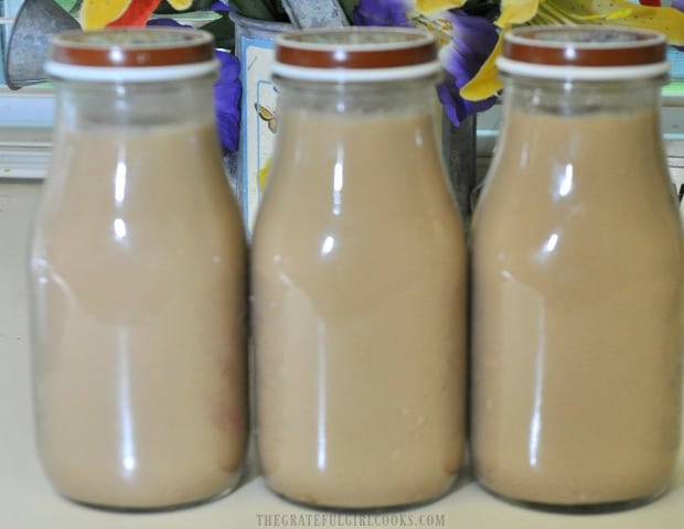Bottles are filled with copycat mocha frappucino, and are ready to refrigerate, then drink!