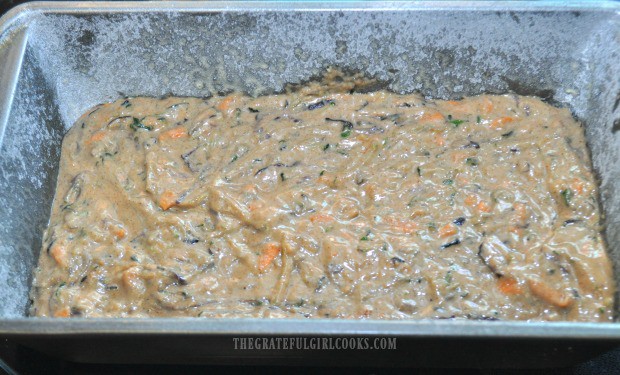 Carrot zucchini bread batter in loaf pan, ready to bake!