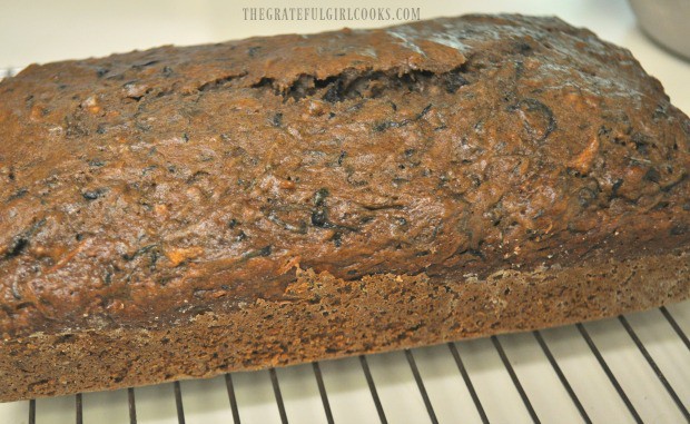 Carrot zucchini bread, baked and cooling on a wire rack.