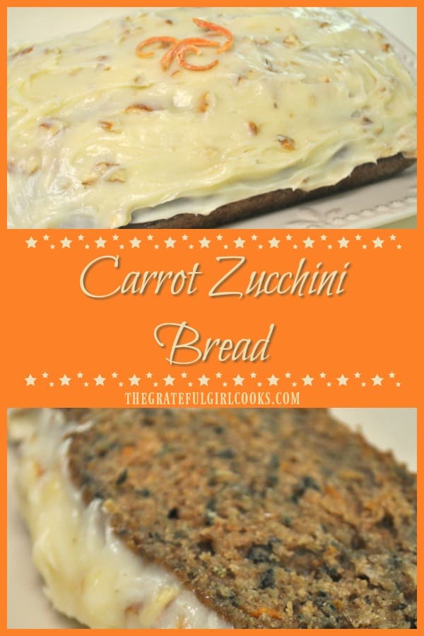 Carrot Zucchini Bread is a wonderful tasting loaf of sweet bread, topped with a cream cheese and pecan frosting! This easy to make recipe yields two loaves!