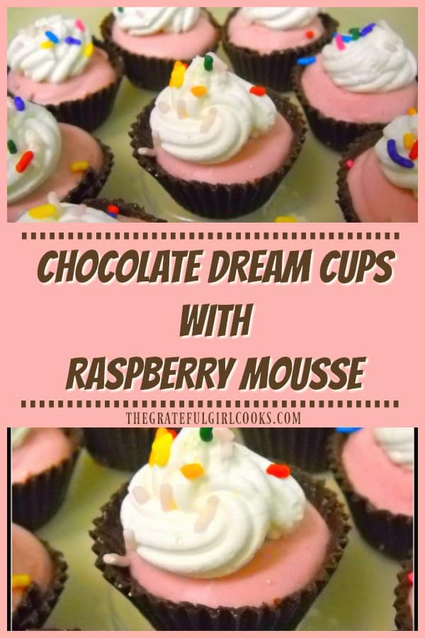 Chocolate Dream Cups with Raspberry Mousse are edible chocolate "cup shells" filled with creamy raspberry mousse! Perfect bite sized treats for any event!