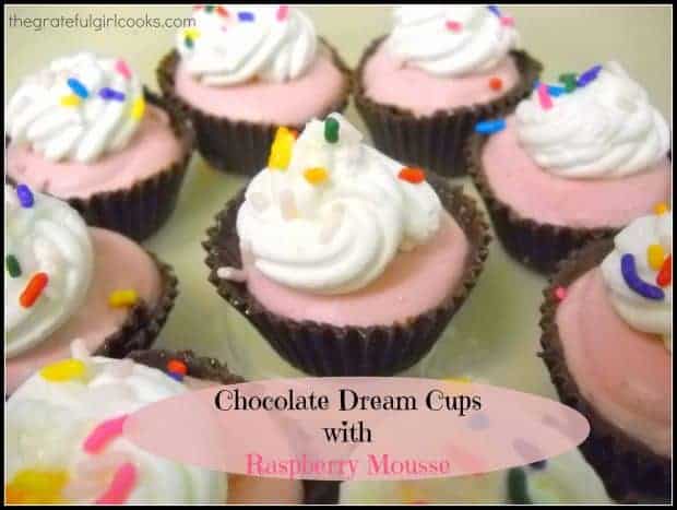 Chocolate Dream Cups with Raspberry Mousse are edible chocolate "cup shells" filled with creamy raspberry mousse! Perfect bite sized treats for any event!