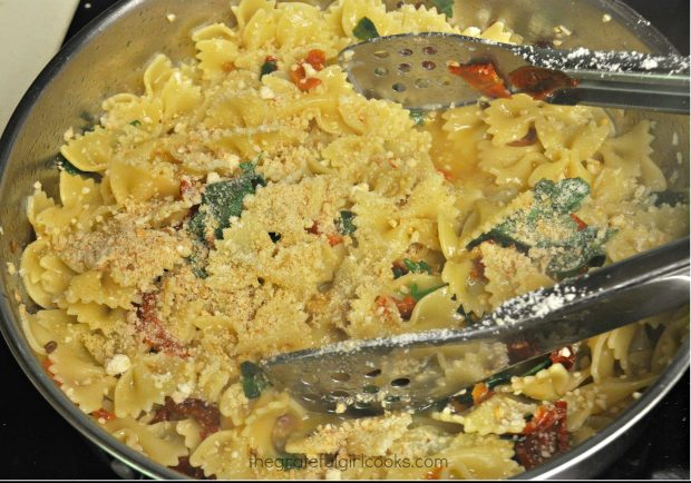 Farfalle Pasta with Arugula is mixed with Parmesan cheese and bread crumbs.