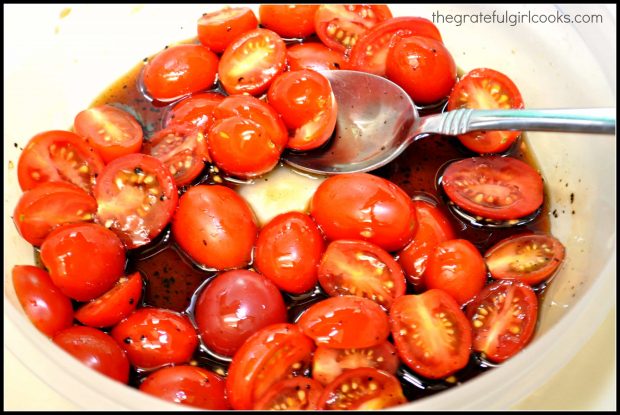 Sliced cherry tomatoes marinade for several hours.
