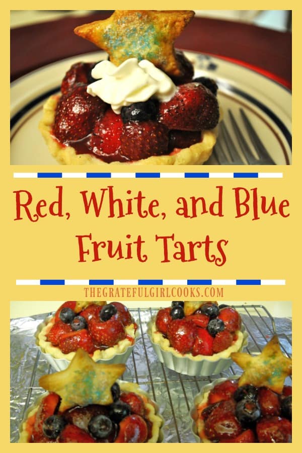 Enjoy this patriotic fruit tart, with fresh strawberries, blueberries and whipped cream in a pastry crust, topped with strawberry glaze. 