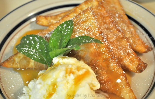 Apple pie won tons on plate with ice cream and caramel sauce.