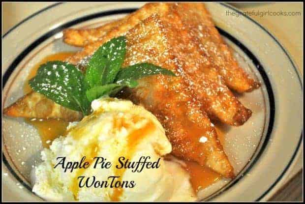 Won tons stuffed with apple pie filling, fried until crispy, then served with ice cream and caramel sauce is a fantastic family dessert!