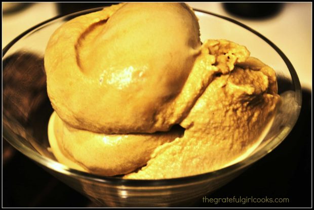 Coffee Ice Cream in a glass serving bowl.