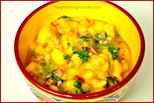 A bowl for fresh peach salsa, ready to eat with some tortilla chips!