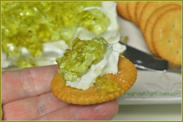 Jalapeno Pepper Jelly tastes wonderful spread on cream cheese on a cracker!
