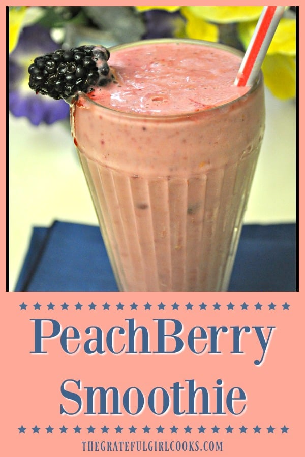 PeachBerry Smoothie is a cold and creamy, peach, raspberry, boysenberry, almond milk and yogurt filled fruit drink that tastes great any time of day!