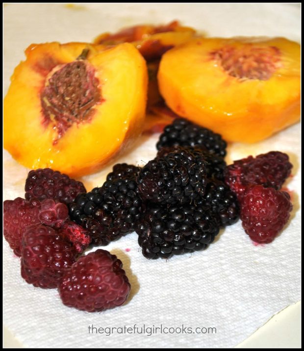 Fresh peaches, raspberries and boysenberries ready for smoothie