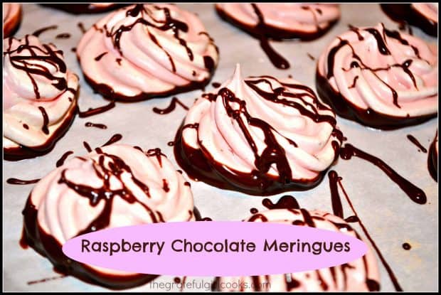 Raspberry Chocolate Meringues are light, airy, crunchy and delicious "cookies", with the bottom of each meringue dipped in chocolate!
