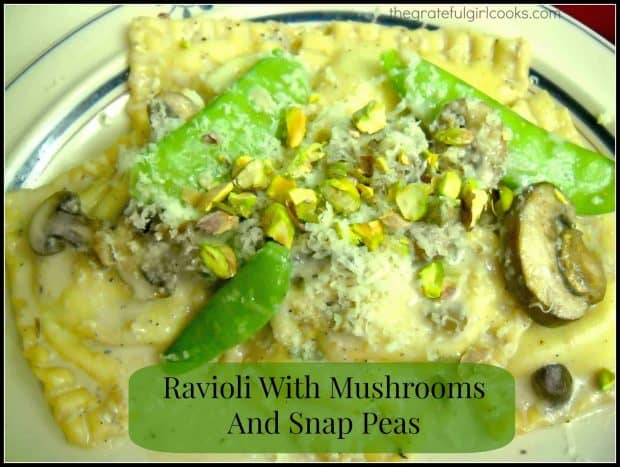 Ravioli with Mushrooms and Snap Peas is a unique and delicious pasta dish, flavored with Parmesan cheese, pistachios, fresh sage and lemon zest.