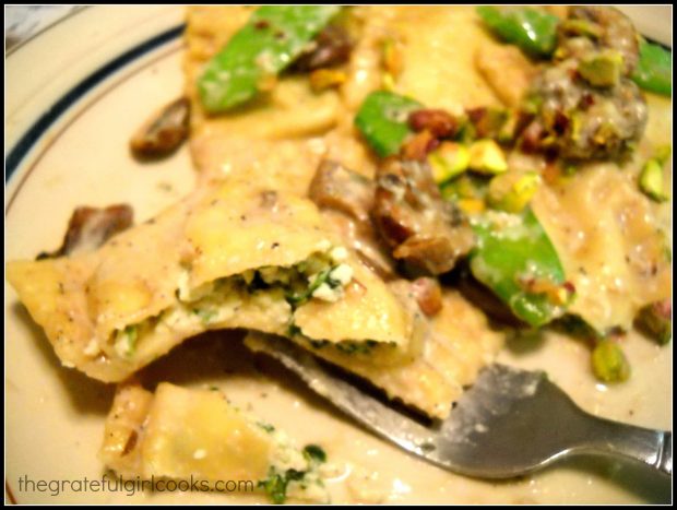 A close up look at one of the cheese raviolis.