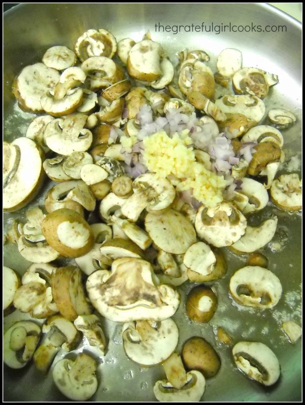 Cooking the mushrooms, garlic and onions for this dish.