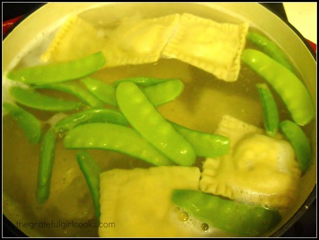I cooked the snap peas in the same pan as the cheese ravioli.