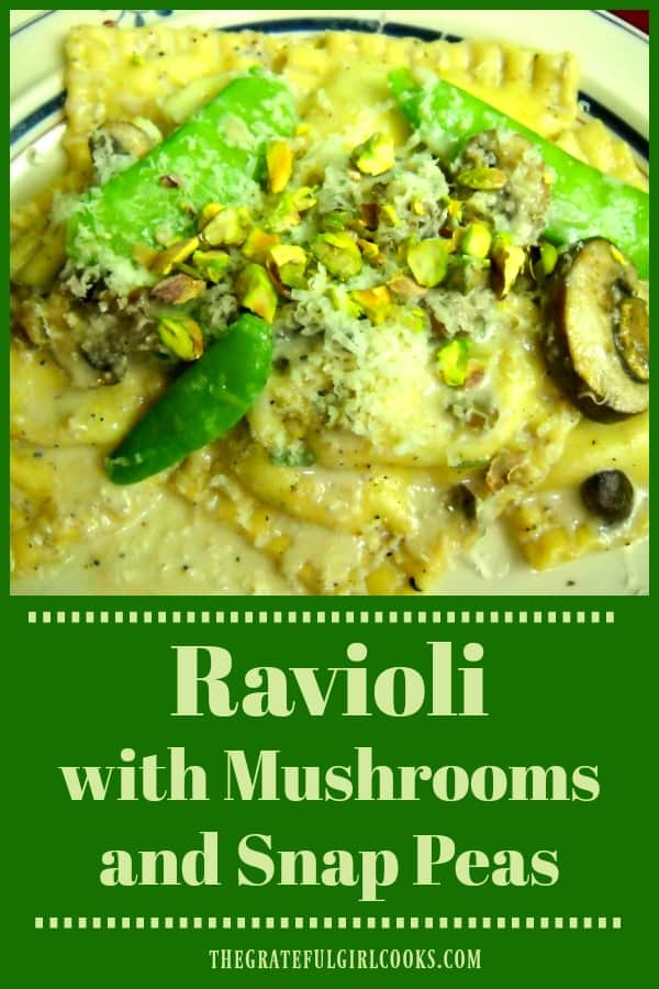 Ravioli with Mushrooms and Snap Peas is a unique and delicious pasta dish, flavored with Parmesan cheese, pistachios, fresh sage and lemon zest.