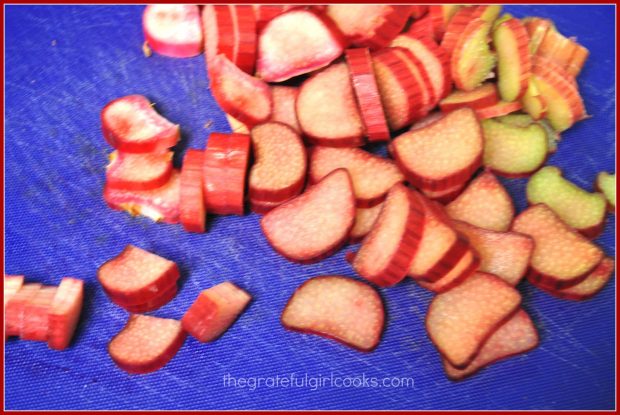 The rhubarb used to make rhubarb-orange jam is sliced before cooking.