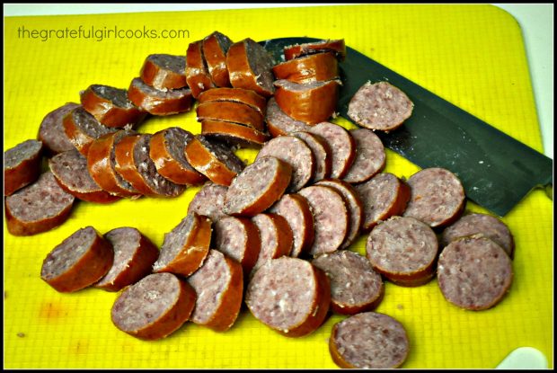 The polska kielbasa is all sliced and ready to cook!