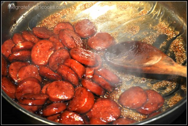 Sweet n' sticky polska kielbasa is cooked until cola caramelizes onto meat.