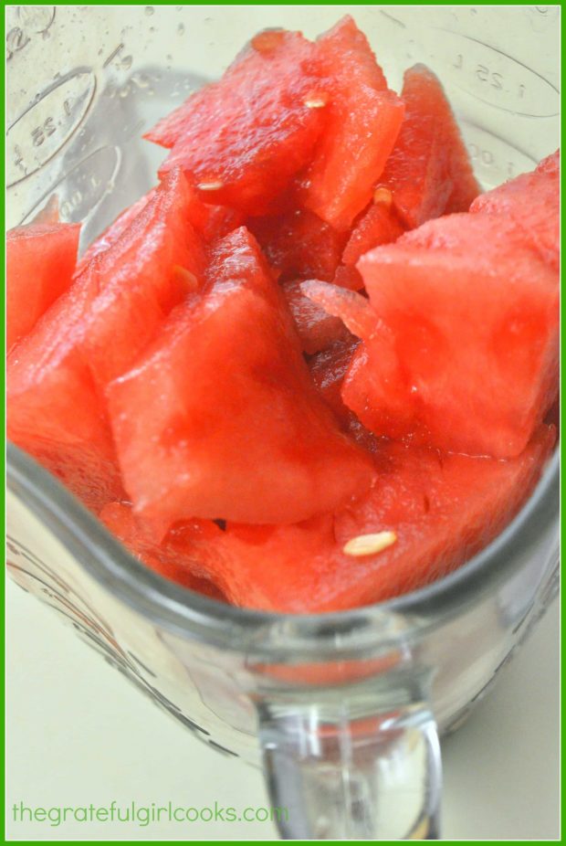 Watermelon chunks are blended with lime juice and water into puree