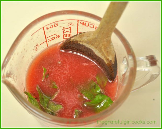 Mint leaves are "muddled" into watermelon puree to release flavor