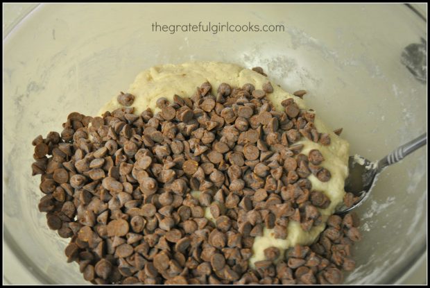 Cinnamon chips are added to scone dough, and mixed in.