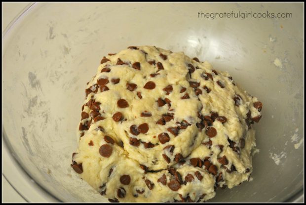 The dough for cinnamon chip scones is mixed together and ready to shape into wedges.