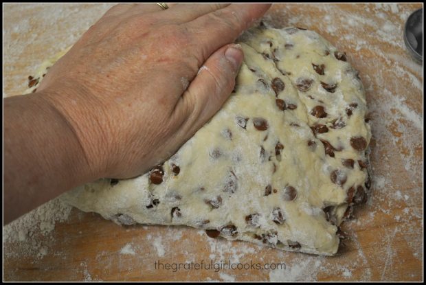 Dough for cinnamon chip scones is kneaded by hand.