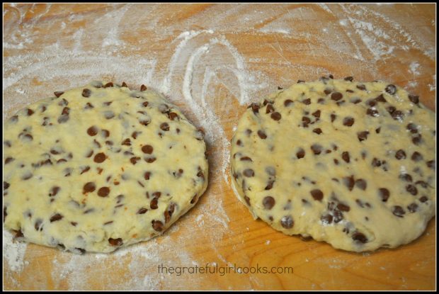 Dough for cinnamon chip scones is divided in half, shaped into two circles.