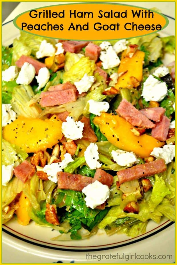 Looking for a filling entree salad? You'll love this Grilled Ham Salad on spring greens, with fresh peaches, goat cheese, toasted pecans, and balsamic dressing.