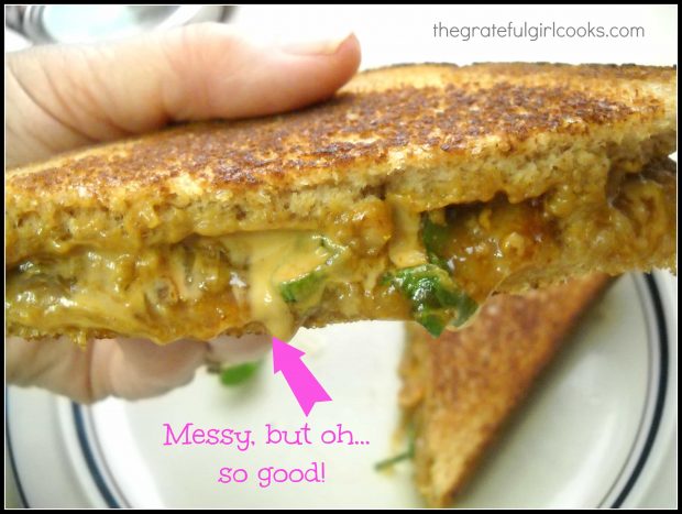 Grilled THAI PB&J Sandwich is sliced in half and served. Messy, but good!