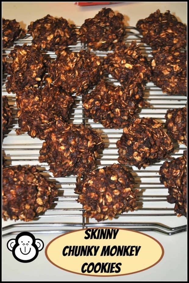 Skinny Chunky Monkey Cookies are easy to make, low calorie baked treats with oats, applesauce, peanut butter, bananas and cocoa powder.