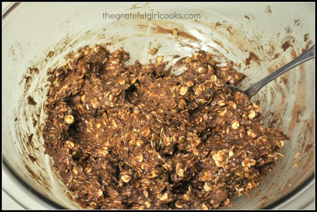 The batter for the skinny chunky monkey cookies is mixed, and ready to bake.