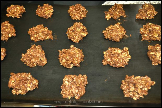 All the cookie batter is dropped by spoonfuls onto a baking sheet.