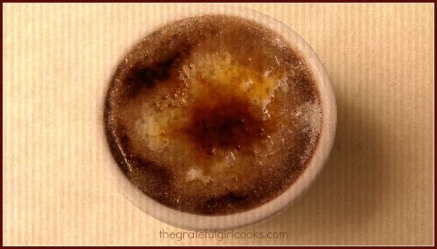 The creme brulee has a hardened sugar topping.