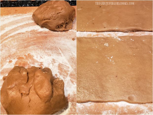 Date Roll Cookies - The Grateful Girl Cooks! The cookie dough is split in half then each half is rolled into a rectangle shape.