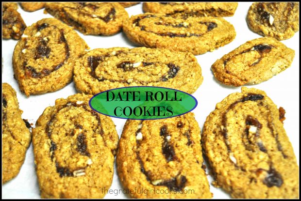 Date roll cookies are sweet, soft and chewy slice and bake cookies, featuring a simple rolled cookie dough with a cooked date and pecan filling.