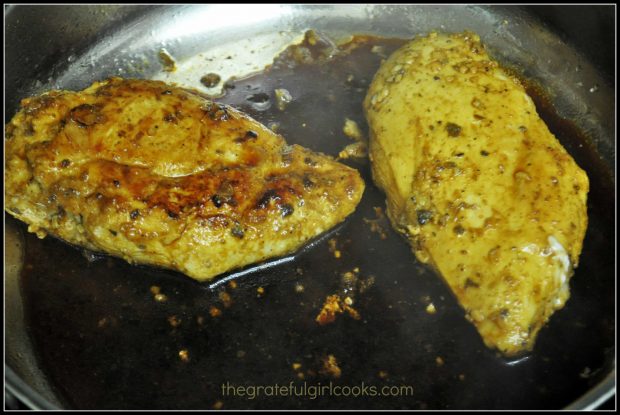 Finished cooking, the pan-seared Mexican chicken has darkened in color.