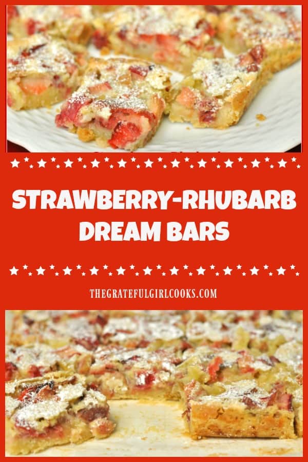Strawberry-Rhubarb Dream Bars are creamy dessert bars with fresh strawberries and rhubarb filling on a rich, buttery crust. Recipe makes 16 treats.