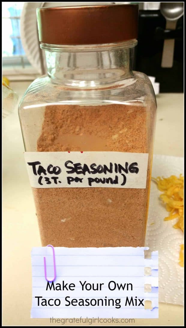 It's easy to make up a large batch of taco seasoning mix... perfect Mexican spices for ground beef, chicken or pork to use in tacos, taco salads, etc.