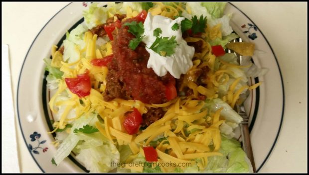 A taco salad was made, using the taco seasoning mix on the meat.
