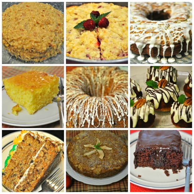 Collage of cakes with recipes on "The Grateful Girl Cooks!" blog.