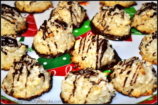 Chocolate-dipped coconut macaroons, on a Christmas plate, ready to eat!